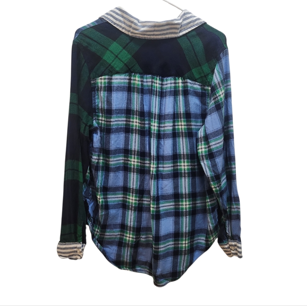 AERIE Boyfriend Womens Flannel Blue Green Plaid Colorblock Long Sleeve Sz S - Picture 4 of 4